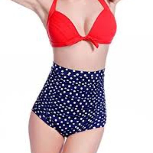 Cocoship Red Halter Bikini Top High-Waisted Blue Polka Dot Swim Bottoms Retro - Picture 1 of 6